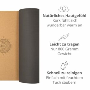 Mosswell Premium Kork-Yogamatte (4mm dick) - Rutschfeste Fitnessmatte mit Hilfslinien - Pilatesmatte + Yogatasche – Bild 4