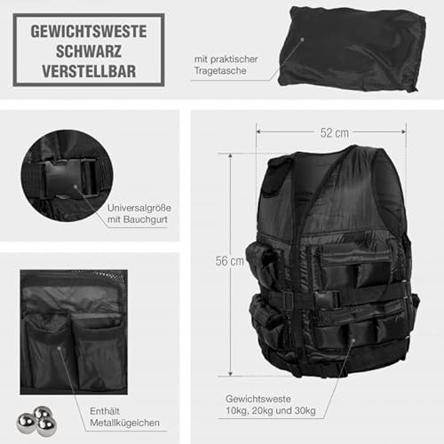 GORILLA SPORTS Gewichtsweste - inkl. Tragetasche, Verstellbar, 10 kg, 20 kg, 30 kg Gewichte, 56 x 52 cm, mit Gewichten, Unisex, Schwarz - Trainingsweste, Weight Vest, Laufweste, Krafttraining – Bild 2